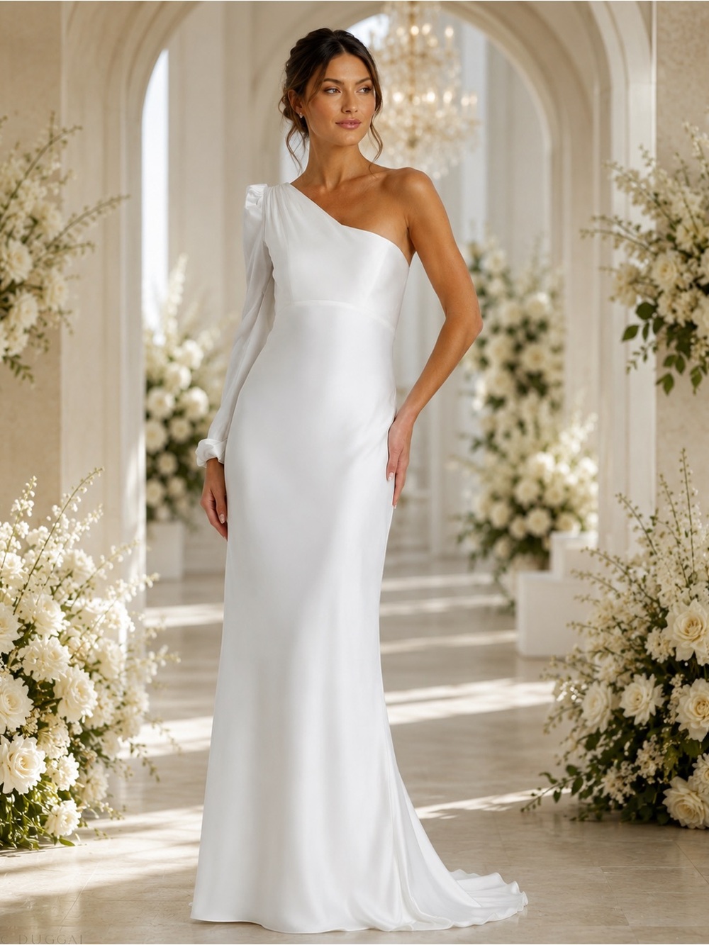 Mac Duggal White Satin One Shoulder Gown Dress NWT 2 Bridal Reception Wedding
